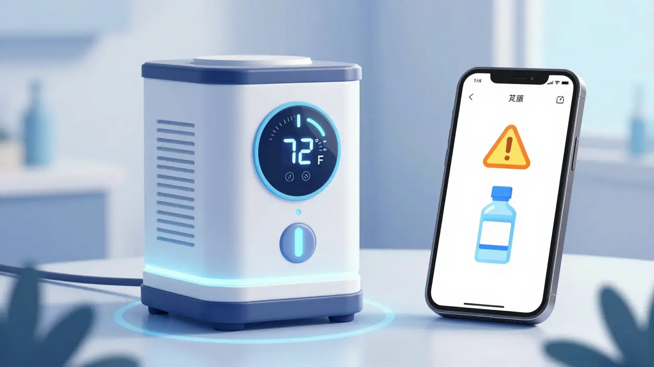 Futuristic medicine safe zone with a digital display and a smartphone safety alert.