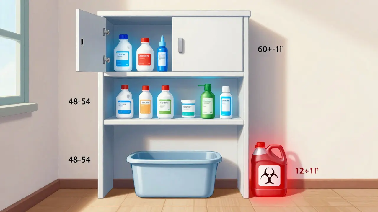 Illustration of vertical storage zones with medicines high and chemicals in a low tub.