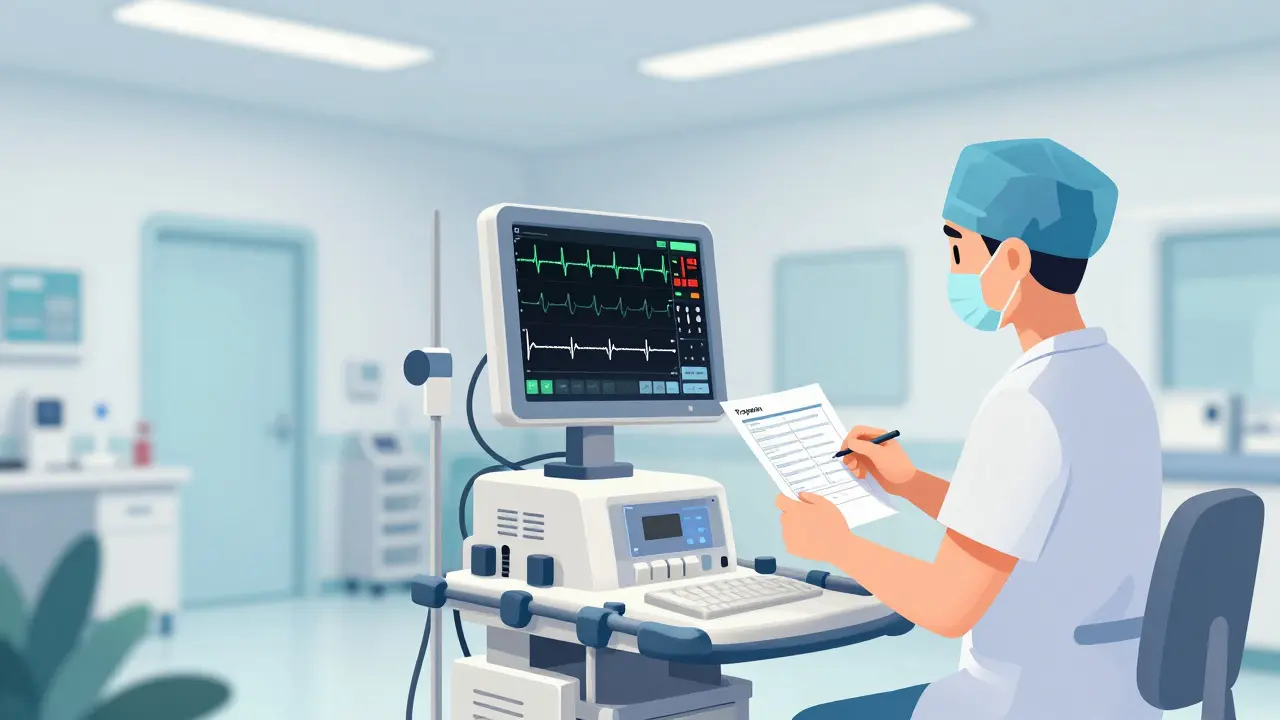 Medical professional reviewing an ECG heart rhythm and troponin lab results in a clinic.