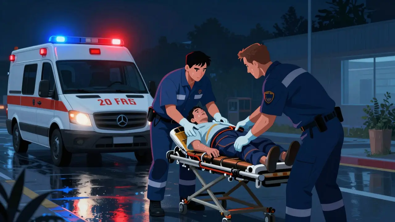 Paramedics treating a patient with cold sweat and breathing difficulty near an ambulance.