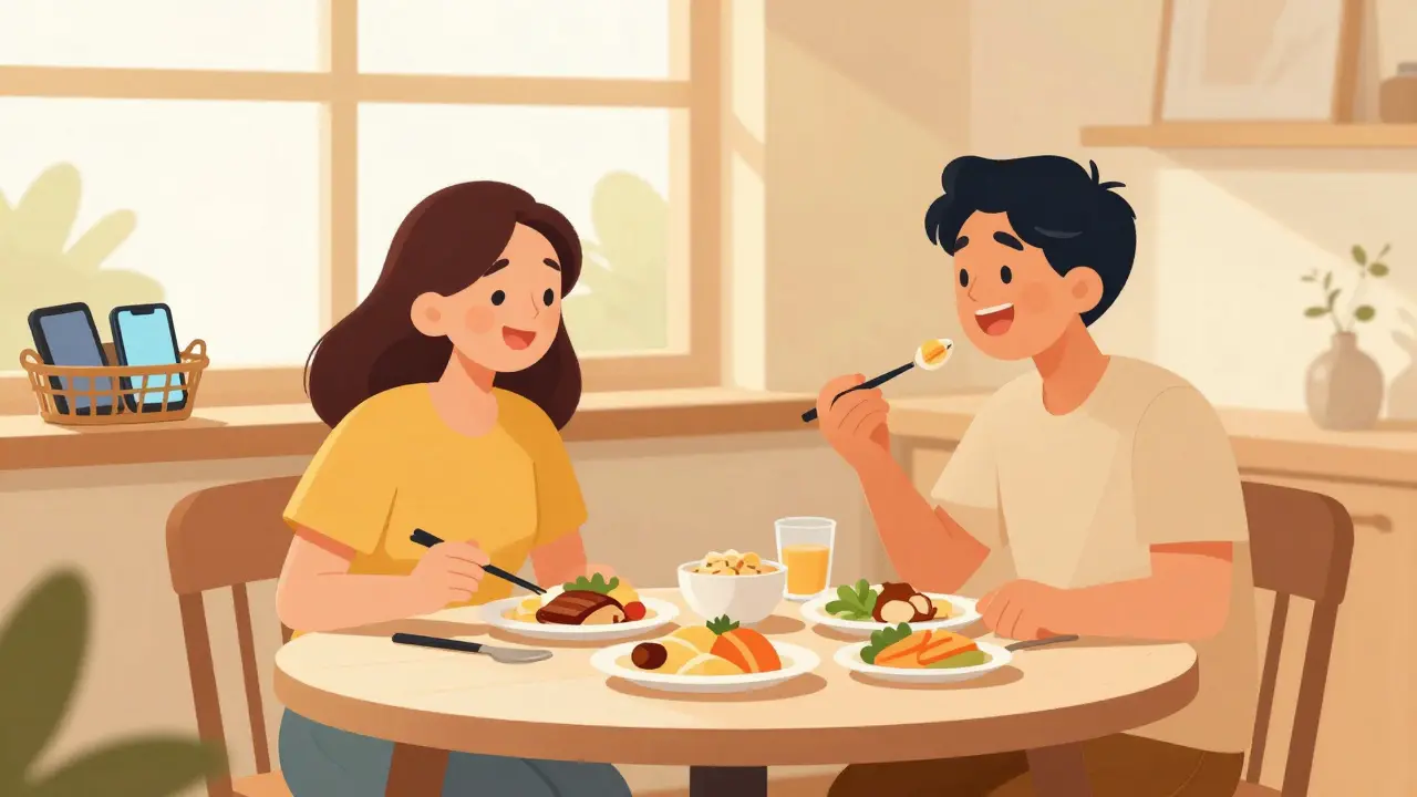 People eating together without phones or screens