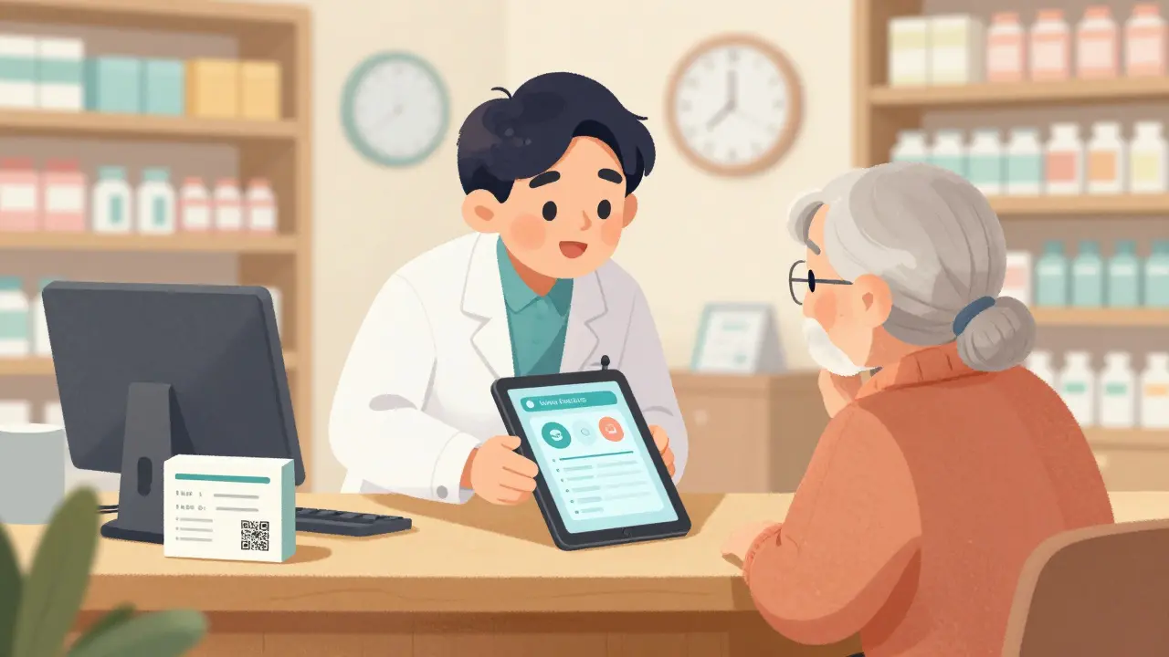 Pharmacist helping an elderly patient access digital medication information on a tablet