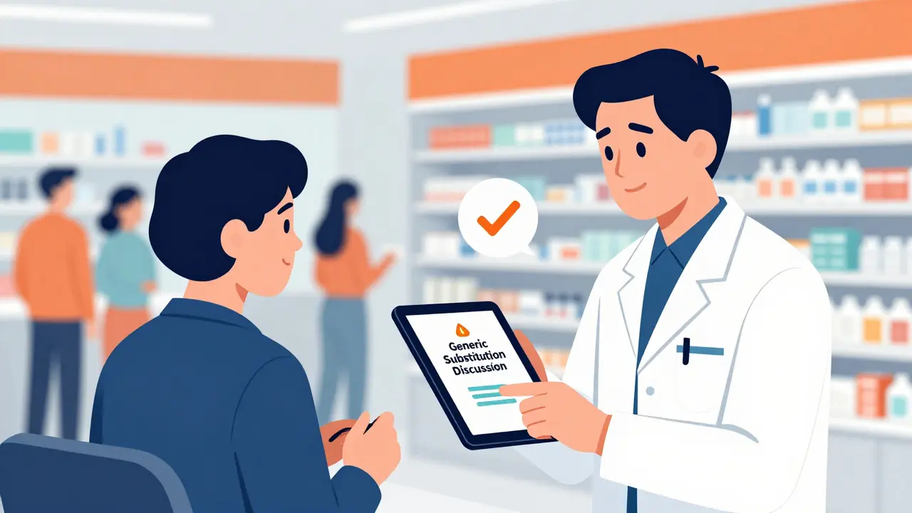 Pharmacist using a digital alert system to conduct generic medication counseling with a patient.