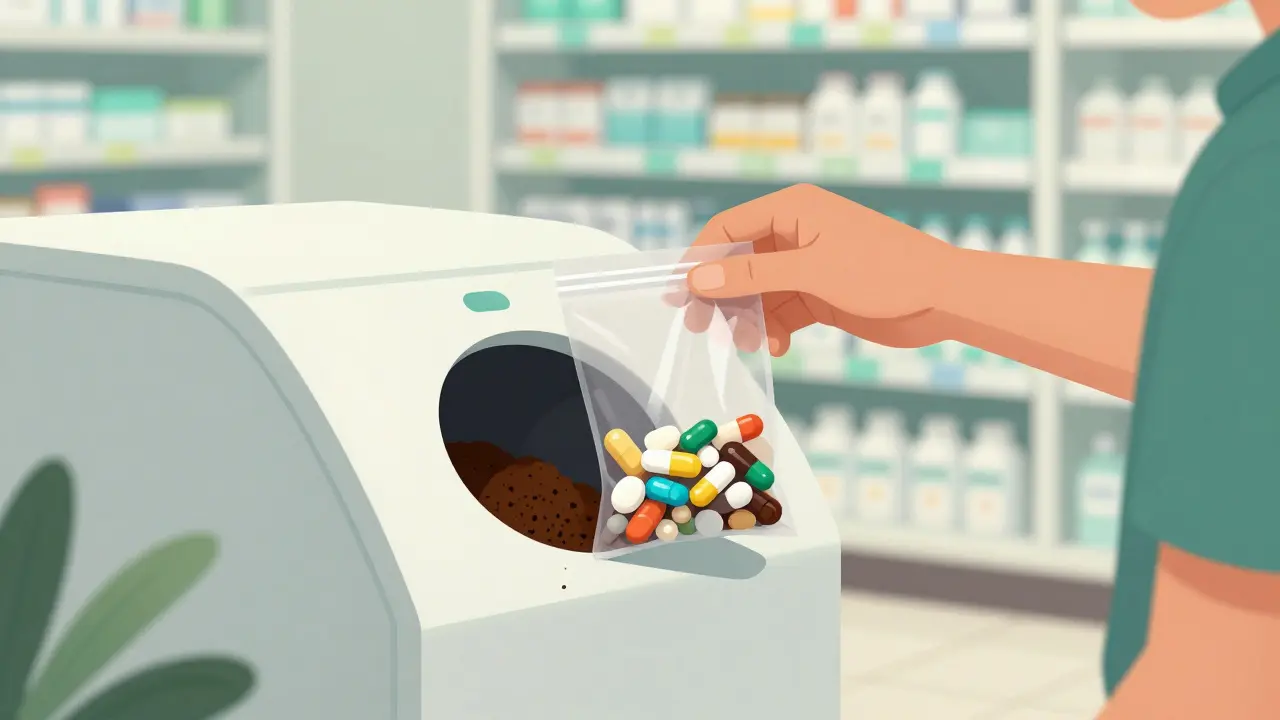 Placing a bag of expired medicine into a pharmacy take-back disposal box