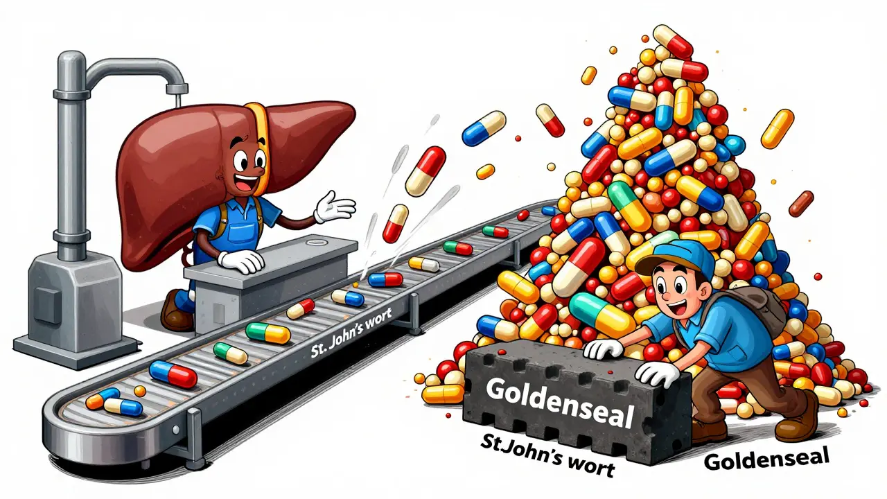 Stylized factory workers representing enzymes speeding up and blocking a conveyor belt of medication pills.