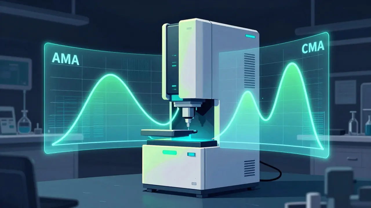 Stylized lab equipment analyzing drug concentration with a holographic PK graph.