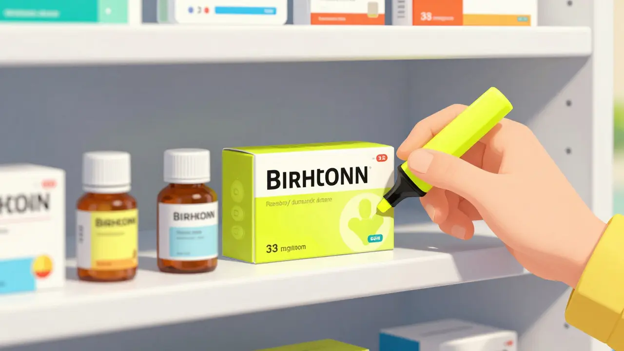 Using a neon highlighter to mark expiration dates on organized medicine bottles